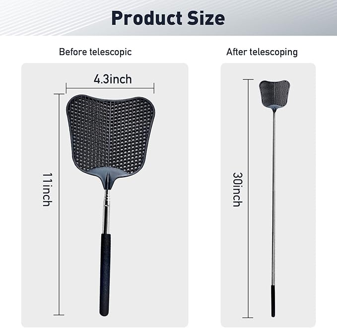 Fly Swatter, Flexible and Durable Telescopic Stainless Steel Retractable Handle ，Manual Fly swatters for Home,Garden,Classroom and Office (2Pcs Black& Blue)