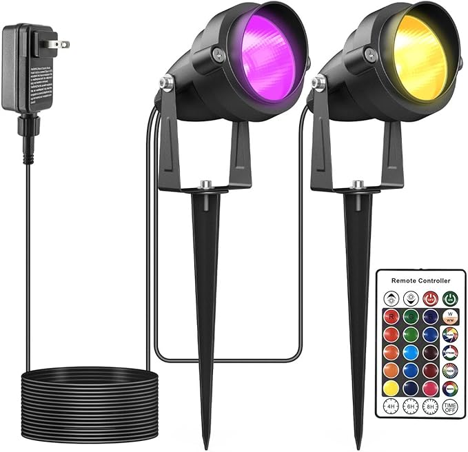 Halloween Spotlights with Timer, Yard Spot Lights Outdoor RGBW Colored 10W Landscape Lights IP65 Waterproof Uplights Metal Case Spiked Stand for Garden Yard Lawn Pathway Porch (2 Lights)