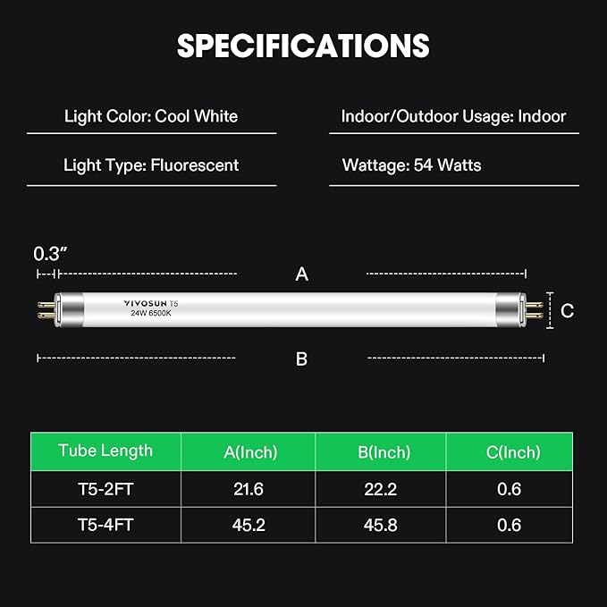 VIVOSUN T5 Grow Light Bulbs 2 Ft 22 Inches, 24W 6500K HO Fluorescent Tubes Light Bulbs, Cool White T5 Bulb for 22 Inches T5 Light Fixtures, T5 Grow Lights for Indoor Plants, 2 Ft 24W Pack of 5