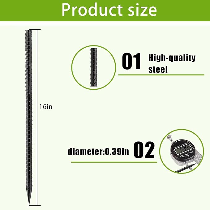 Straight-Rebar-Ground-Stakes 16Inch,Black Coated Straight Ground Anchors with Chisel Point End,Anti-Rust 10Pack Heavy Duty Steel Stakes for Landscape Timbers House Structure Plant Support in Garden