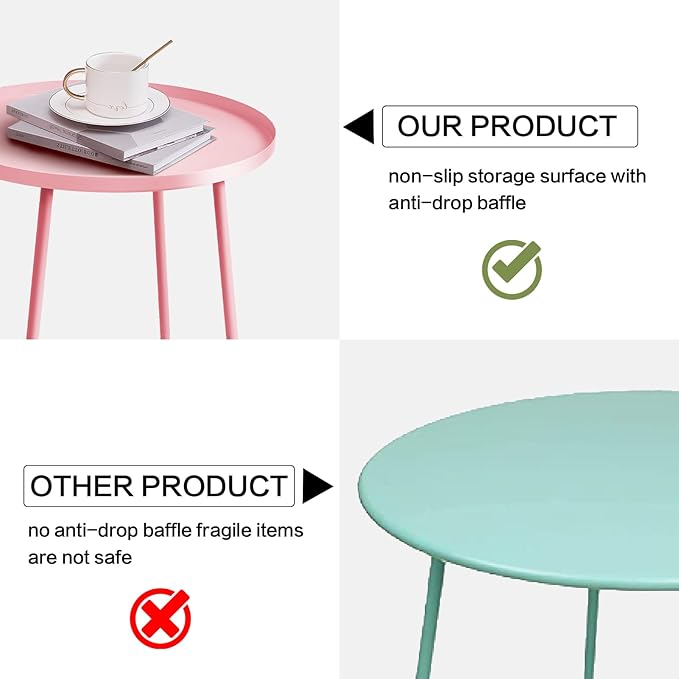 Babion Pink Round Side Table for Outdoor Patio, Yard, Garden, and Indoor Use - Small Steel Accent End Table