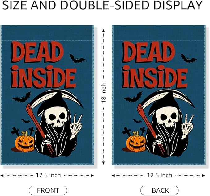 Dead Inside Garden Flag, Funny Pumpkin Spooky Yard Flag for Outside, Welcome Autumn Fall Halloween Front Porch Lawn Decoration, Funny Skeleton Peace Sign Home Banner