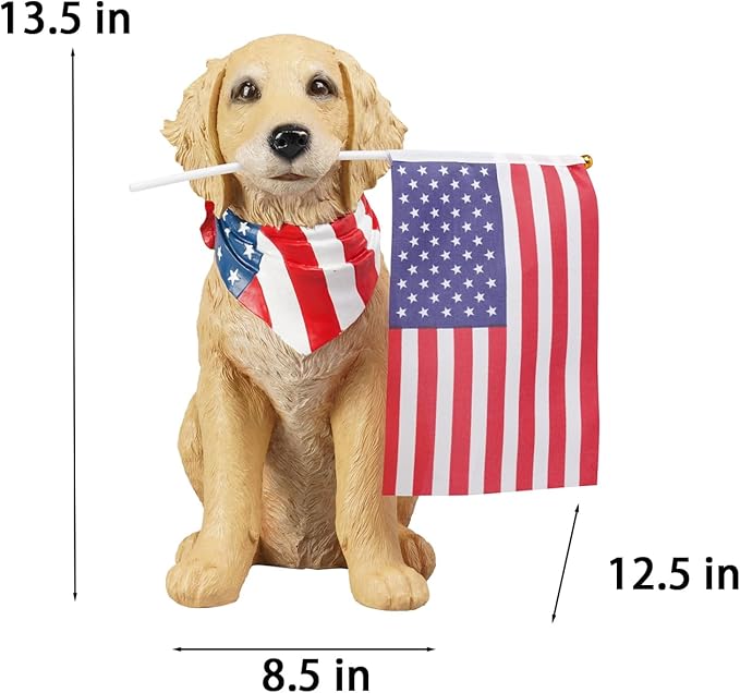 Cynkeyee Outdoor Garden Decor Dog Statue - Large Resin Puppy with American Flag Statues Sculpture for Outside Yard Lawn Home Decor Americana Patriotic Decorations 12.5x8.5x13.5 Inch