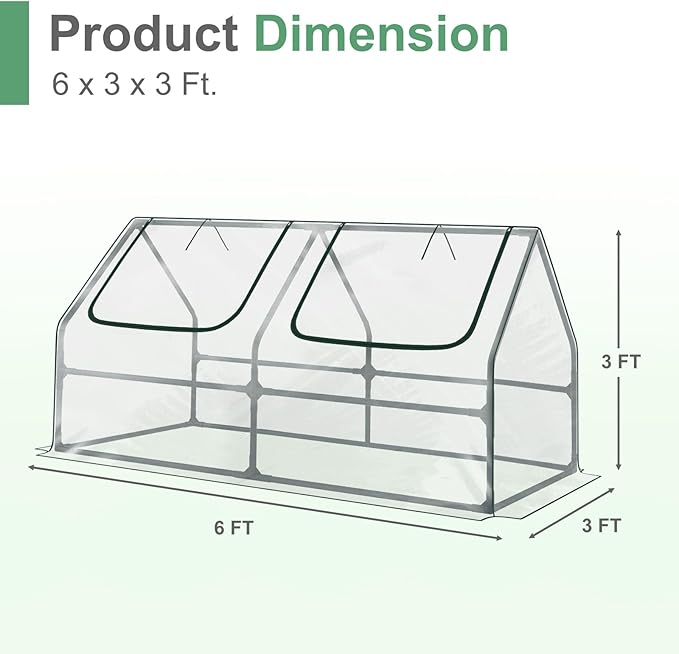 Aoodor 6 x 3 x 3 ft Mini Greenhouse with 2 Zipper Doors, Water-Resistant, UV-Protected for Flowers, Vegetables, and Herbs, Transparent