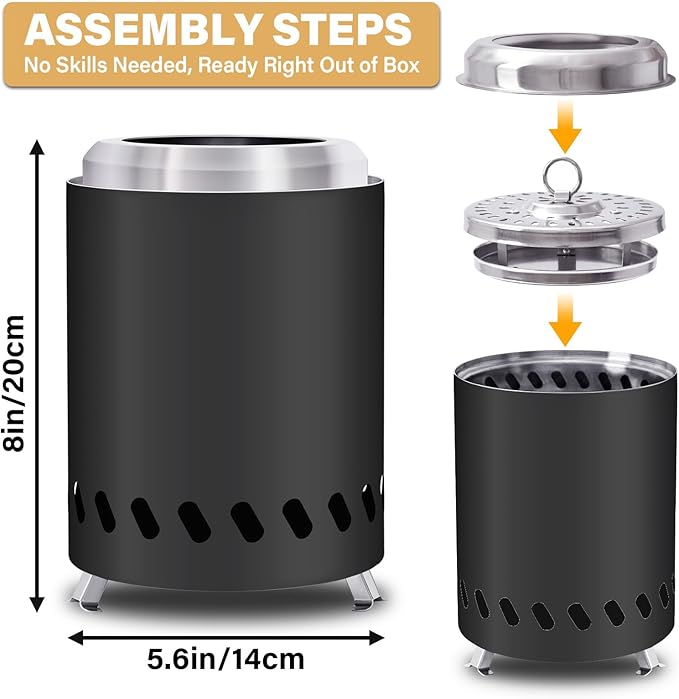 HGD Small Tabletop Fire Pit, Smokeless Table Top Firepit Outdoor, Portable Mini Stove with Carry Bag for Camping Backyard Patio Garden Picnic, Fueled by Pellets or Wood, Stainless Steel, Black