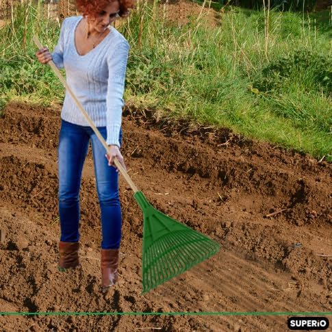 Superio Adult Rake with Hardwood Handle, Durable Plastic Head to Sweep Leaves in Lawn and Tidying Up The Garden, 61"