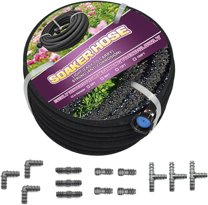Soaker Hose -Garden Hose 100 FT with 1/2’’ Diameter Interface- Saves 70% water Great for gardens/flower beds/Seedling (100 FT)