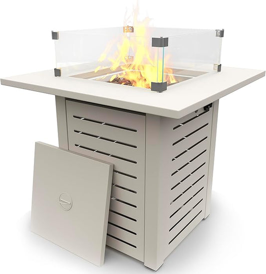 MBY 28'' Propane Fire Pit Table, 50,000 BTU Steel Gas Firepit for Outdoor Patio Deck and Garden, CSA Certified Fire Pit with Lid, Waterproof Cover, Glass Wind Guard and Lava Rock, Beige