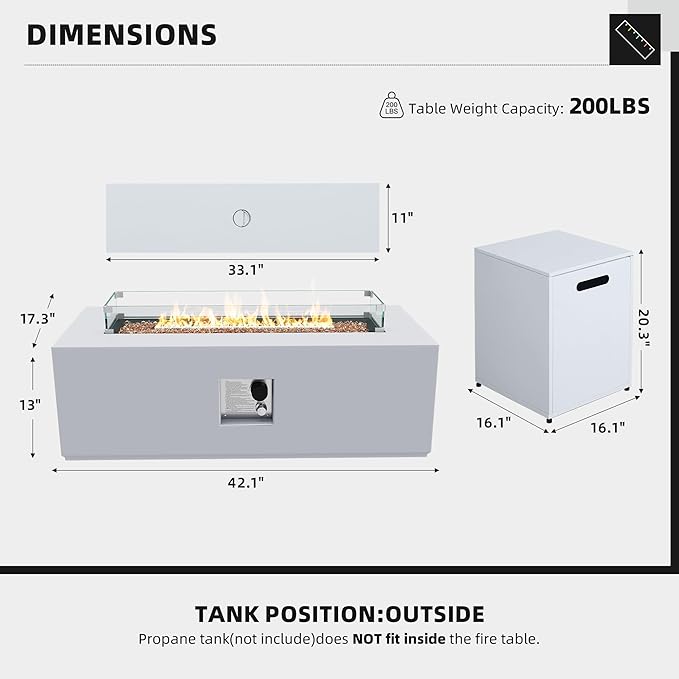 UPHA 42-inch Outdoor Propane Gas Fire Pit Table 50000 BTU Iron Rectangle Firepit for Outside Patio with Tank Hidden Table, Wind Guard, Removable Lid, Gold Glass Rocks, Rain Cover, White