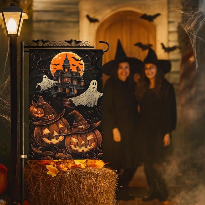 Halloween Garden Flag 12x18 Double Sided – Haunted House with Ghosts & Pumpkin, Halloween Yard Flag for Outside, Durable Fall Outdoor Flag, Weatherproof