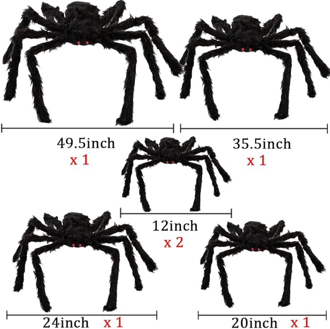 WODMAZ 6 Packs Halloween Spider Outdoor Decorations, Scary Hairy Large Spider Decorations with Different Sizes for Halloween Outside Yard Lawn Garden Decor (12" 12" 20" 24" 35.5" 49.5")
