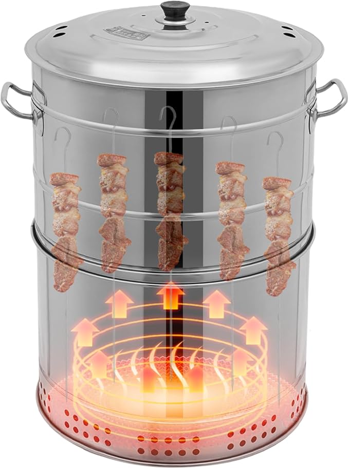 Portable Charcoal Grill, 360° Stainless Steel BBQ Barrel with Handle, Large BBQ Charcoal Grill Outdoor BBQ Grill for Picnic, Camping, Backyard Patio Cooking