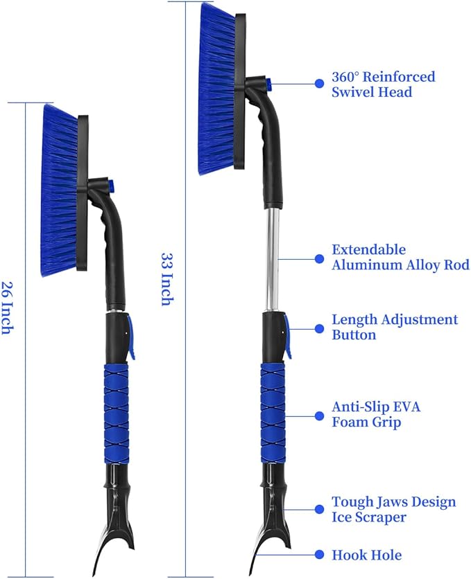 SEAAES 33 Inch Snow Brush and Ice Scraper for Car Windshield, Extendable Snow Scraper and Brush with Foam Grip for Truck SUV Vehicle Window - Blue