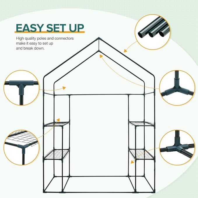 EAGLE PEAK Walk in 3-Tier Greenhouse with Wire Shelves, Portable Indoor and Outdoor Green House with Roll-Up Zippered Door & 2 Roll Up Side Windows, 4 Shelves, 61"x28"x79", Clear/Green PE Cover