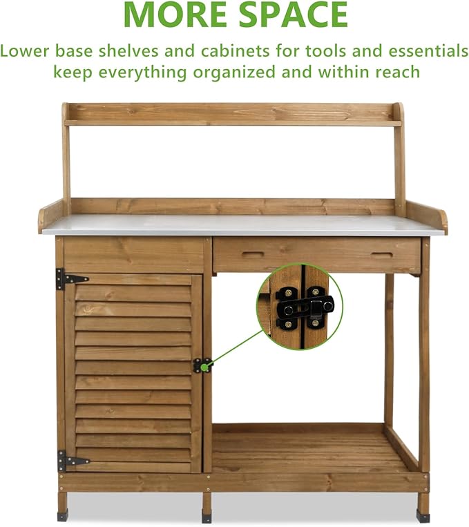 Garden Potting Benche Table Outdoor Wooden Work Station W/Metal Table top,Cabinet,Drawer,Large Bottom Shelf,Open Shelf Natural Wood-Brown-Brown