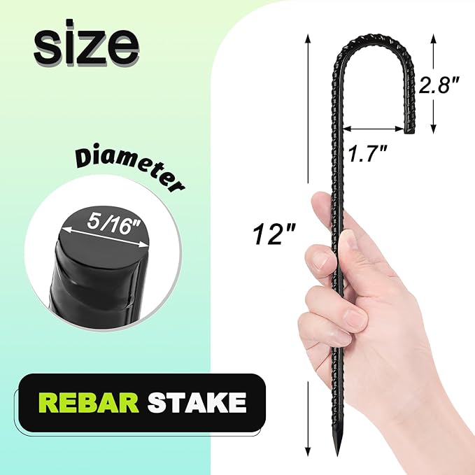 Kadrick 32-Pack Rebar Stakes 12 inch，J Hook Ground Stakes Anchors, Black Galvanized Fence Stakes,Heavy Duty 5/16'' Diameter