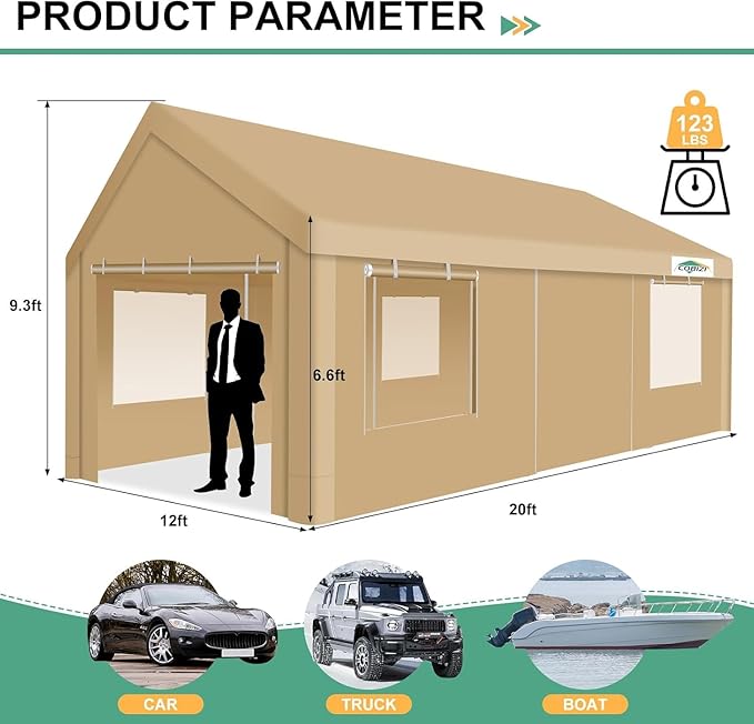COBIZI Carport 12x20ft Heavy Duty Portable Garage, 2.0 Powder Coated Frame(Better Than Galvanized), Waterproof Shelter with Removable Sidewalls & Windows, Built-in Sandbags, for Car/Boat/SUV, Khaki