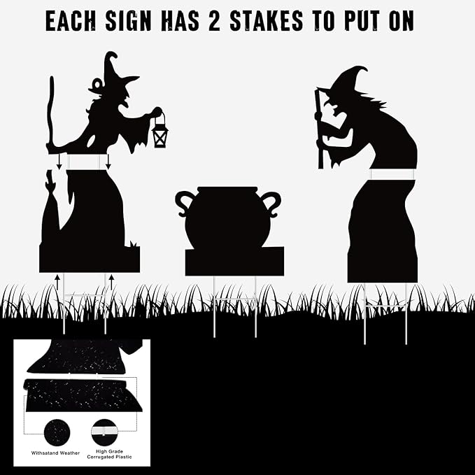 Large Halloween Witch Cutouts Decorations Outdoor, 60”×26”, Witch Silhouette Black Cat and Cauldron Set for Yard, Halloween Decor Outdoor, Scary Lawn and Party Decor, Waterproof & Easy to Install
