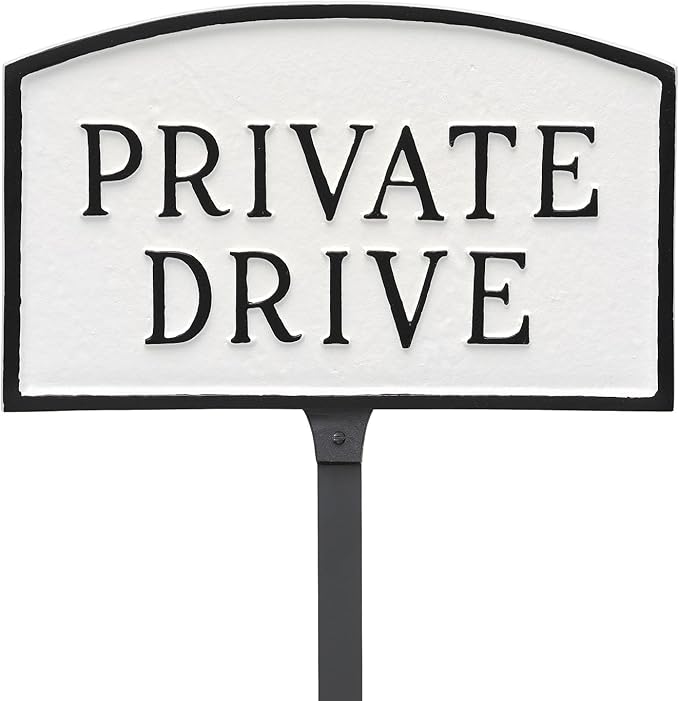 Montague Metal Products SP-12sm-WB-LS Small White and Black Private Drive Arch Statement Plaque with 23-Inch Lawn Stake