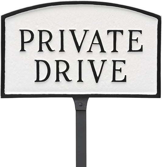 Montague Metal Products SP-12sm-WB-LS Small White and Black Private Drive Arch Statement Plaque with 23-Inch Lawn Stake
