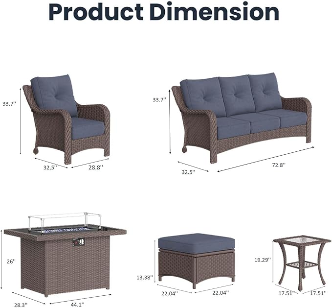 7 Pieces Outdoor Patio Furniture Sets with Single Chairs with 6-inch Thick Cushion and Fire Pit Table for Deck Lawn