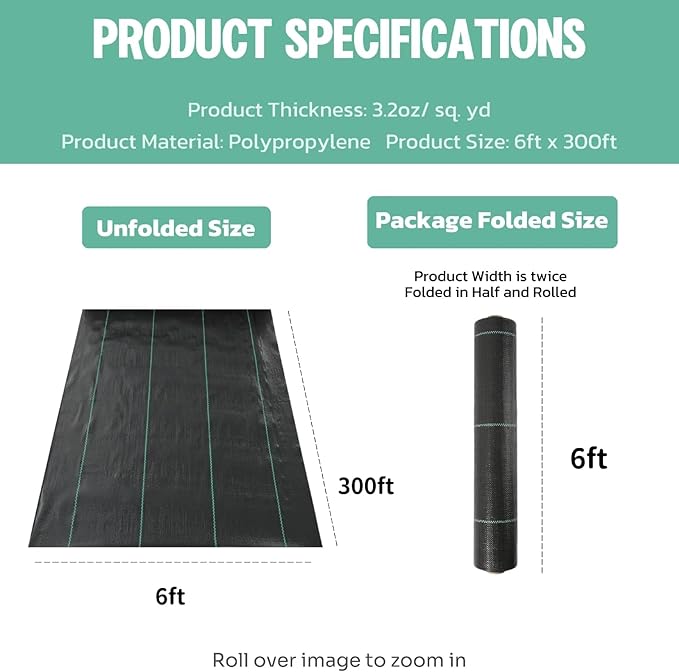 6ft*300ft Landscape Fabric,Weed Barrier Fabric,3.2oz Heavy Duty Weed Blocker Fabric,Weed Contorl for Underlayment,Gardening Weed Mat-Durable,Easy Installation
