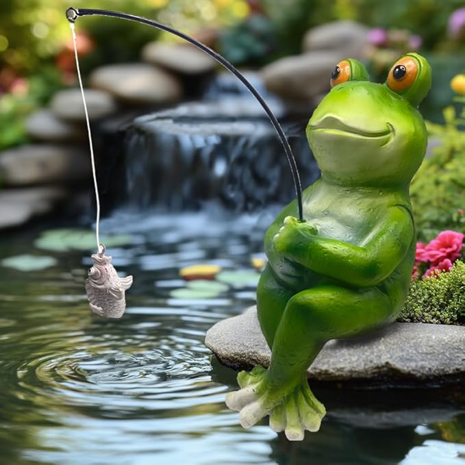 Frog Fishing Statue Garden Decor – 9.8" Weatherproof Resin Frog Fishing Sculpture Decor for Fish Ponds, Koi Ponds, Waterfalls, Poolside & Outdoor Gardens– Resin Figurine for Indoor & Outdoor Décor