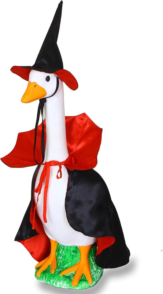 Lawn Goose Outfit – Glossy Cape & Adjustable Hat for 23″ Goose Statue – Halloween & Vampire & USA Flag Costume
