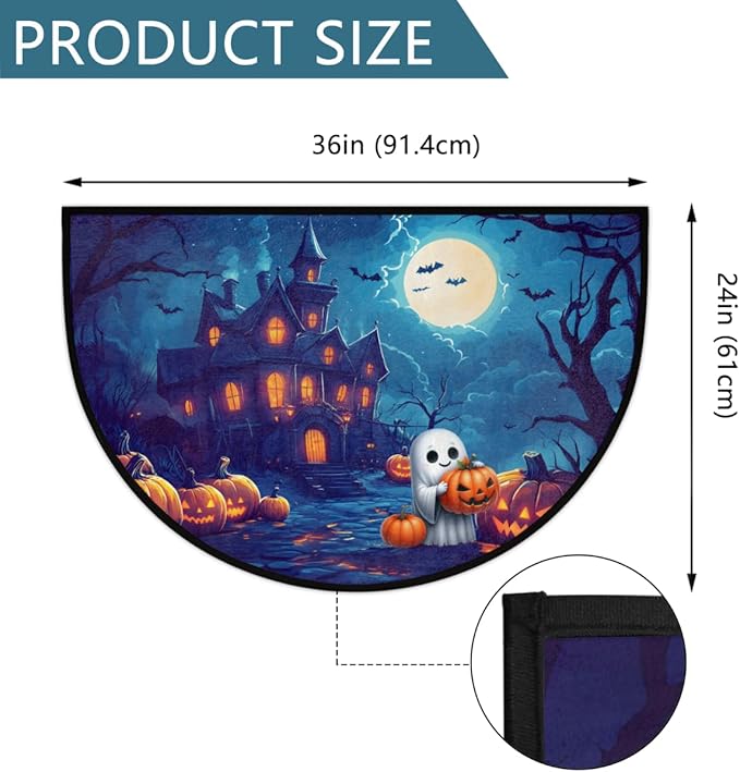 Halloween Half Round Door Mat, Halloween Castle Pumpkin Ghosts Semicircle Door Mats, Non Slip Area Rug Soft Doormat for Indoor Entrance Wear Resistant Welcome Mat for Garage Patio Home 24 x 36 In