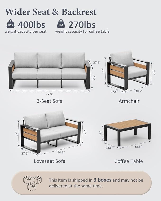 ZANDOR Aluminum Outdoor Patio Furniture - 2 Pcs Armchairs and Coffee Table, All-Weather Metal Modern Outside Furniture with Washable Thick Cushion for Garden/Backyard/Porch, Grey