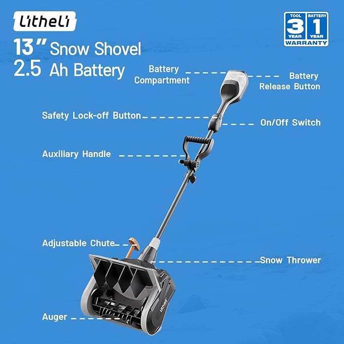 Litheli 40V Cordless Snow Shovel, 13'' Brushless Electric Snow Blower with 2X2.5 Ah Batteries Included, Lightweight Battery-Powered Snow Thrower for Driveway & Sidewalk