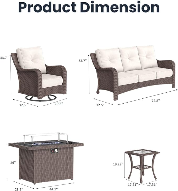 5 Pieces Outdoor Patio Furniture Sets with Rocking Swivel Chairs with 6-inch Thick Cushion and Fire Pit Table for Deck Lawn