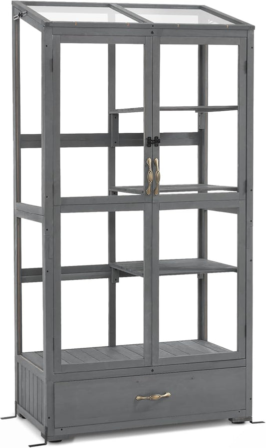 Macrout Cold Frame Greenhouse, Tall Wooden Greenhouse for Outdoor Indoor Use with Polycarbonate Panels, 3 Tier Garden Cold Frame with Drawer and Shelves, 0864 (Dark Grey)