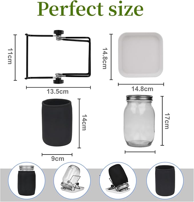 Lulonpon Sprouting Kit, One Pieces Seed Sprouting Jar Kit, Wide Mouth Quart Mason Jars with 304 Stainless Steel Screen Sprout Lids,86mm Caliber with Tray,Stand,Shading Bag and Brush,for Bean Sprouts