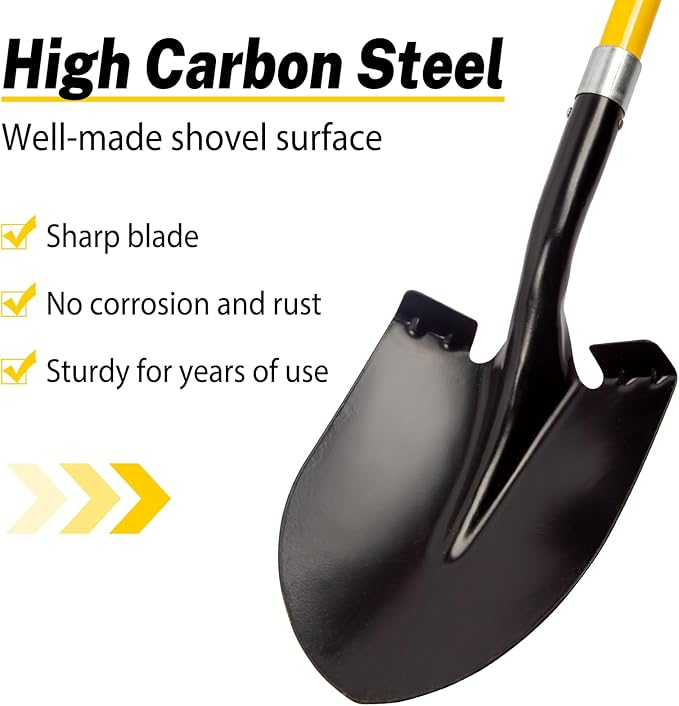 Heavy Duty Gardening Shovel, 56 Inch Round Blade with Fiberglass Handle (Yellow)