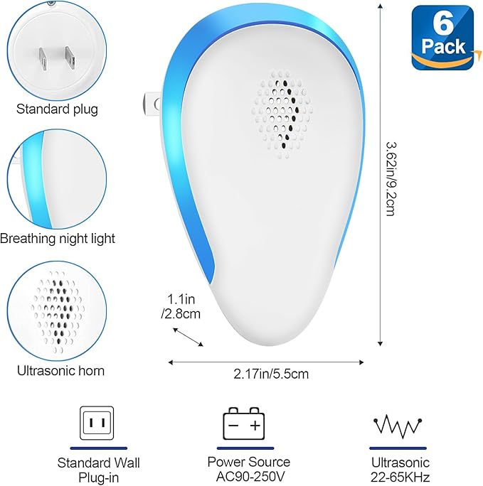 Ultrasonic Pest Repeller Mouse Traps Indoor for Home Mouse Repellent Ultrasonic Plug in Bat Deterrent Devices for Ants, Bed Bugs, Mosquitos, Flies, Spiders, Squirrel Bats Safe for Humans，6 Pack