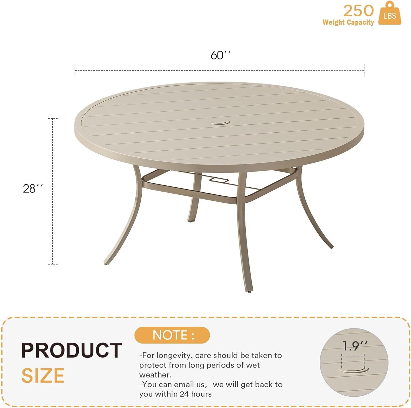 VICLLAX 60" Outdoor Round Patio Table for Lawn Garden, All Weather Metal Round Patio Dining Table with Adjustable Umbrella Hole, Outdoor Table for 8-10 Person, Cream Color Tabletop