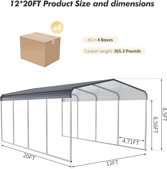 12x20 FT Metal Carport Shed,Heavy Duty Carport with Galvanized Steel Roof & Frame, Permanent All-Weather Shelter for Cars, Motorcycles, ATV, Boats, and Tractors