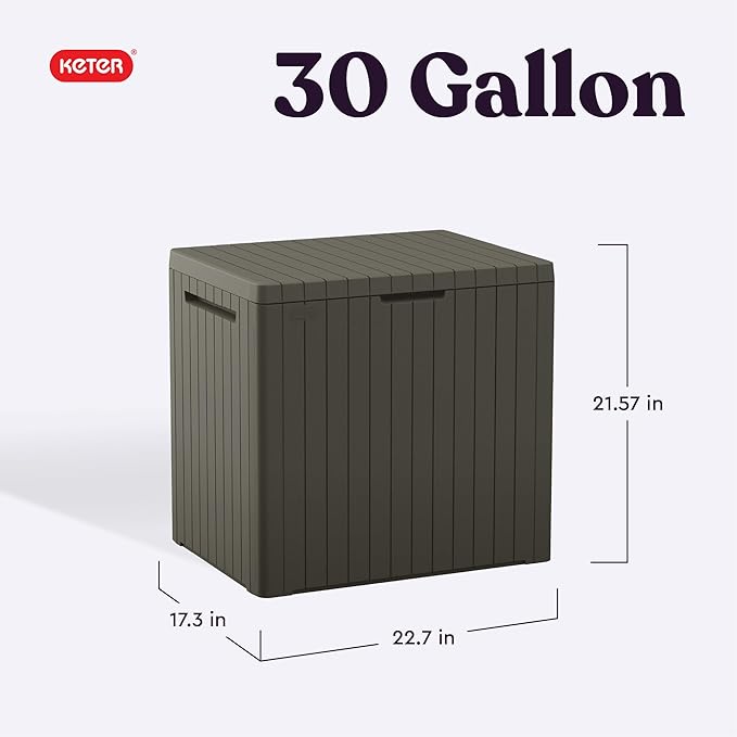 Keter City 30 Gallon Resin Outdoor Storage Box and Patio Furniture Side Table for Pool and Garden Accessories, Mossy Brown