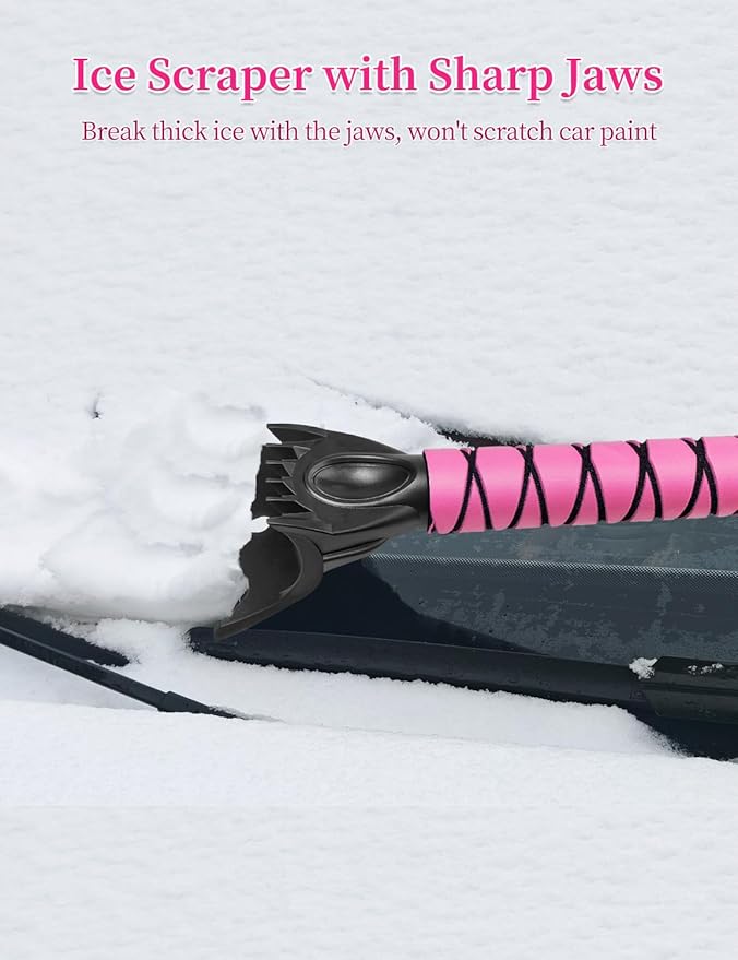 HEEYA Snow Brush for Car, Extendable Snow Brush and Ice Scraper with Foam Grip, Car Window Scraper for Snow and Ice for SUV Truck Auto Jeep RV Vehicle Windshield - Pink