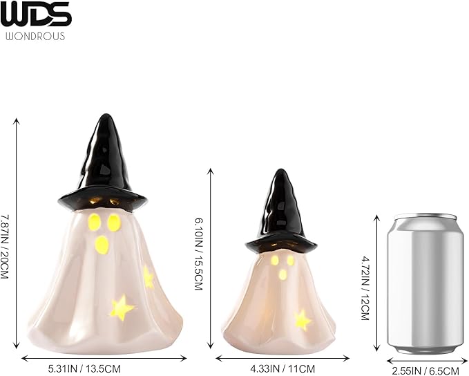 WDS WONDROUS Light Up Halloween Ghost Decorations Set of 2, Cute Ghost Figurines with Witch Hat Halloween Decor, Ceramic Ghosts Light for Indoor Fall Table Decor, Home Tiered Tray Fireplace