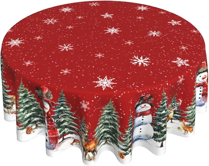 Giwawa Christmas Red Round Tablecloth 60 Inch Snowman Winter Snowflake Reindeer Decorative Table Cloth Polyester Fabric Washable Table Cover for Holiday Family Gathering Dining Party