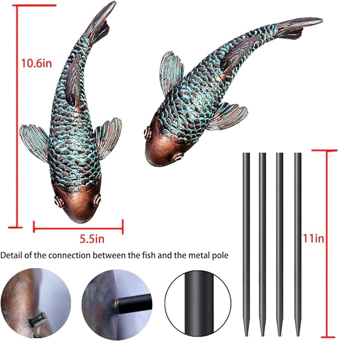 Set of 2 Antique Koi Fish Statue, Outdoor Garden Sculpture for Patio, Backyard, Pond, and Home Decor