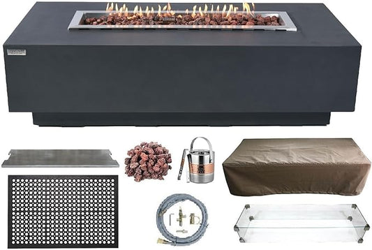 Elementi | Bundle Granville Gas Fire Pit Cast Concrete 60" Rectangular Fire Table, Outdoor Fire Pit Electronic Ignition | Canvas Cover, Lava Rock Included | Dark Gray (Natural Gas)