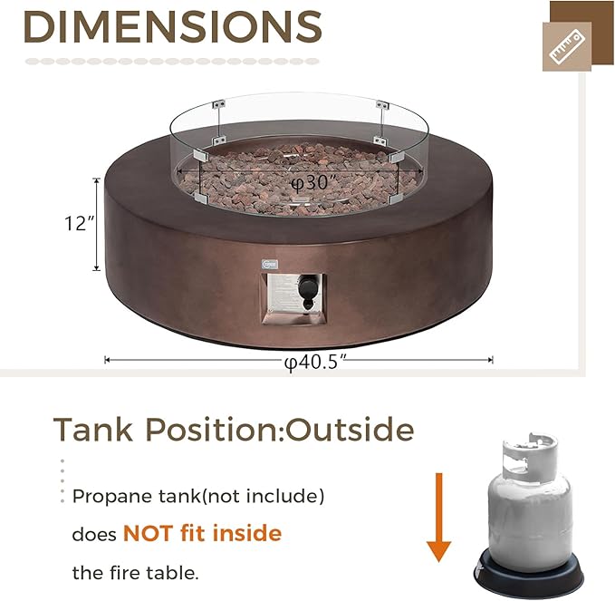 SUNBURY 42Inch Outdoor Propane Fire Pit,CSA Certified,Round Dark Brown Patio Fire Table Concrete Burner Firepits 50,000 BTU w Lava Rocks, Glass Wind Guard, Waterproof Cover