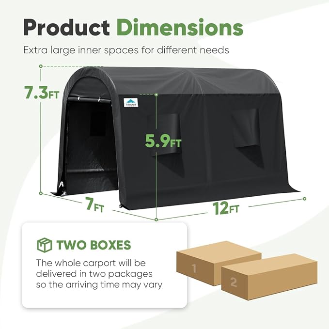 ADVANCE OUTDOOR 7x12 ft Shelter Storage Shed Steel Metal Round Peak Roof Portable Garage Carport for Motorcycle, Boat, or Garden Tools with 2 Roll up Doors & Vents, Gray