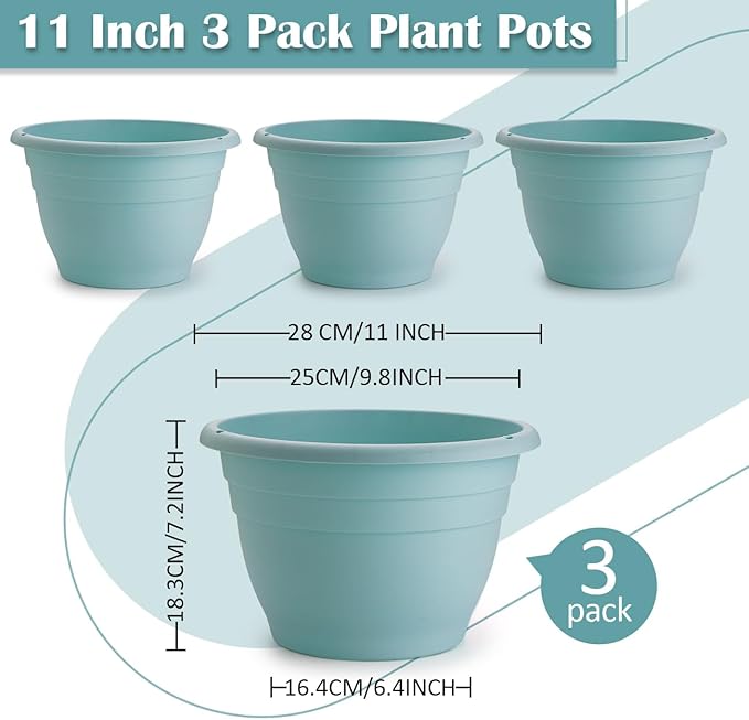 3 Pack 11 Inch Plant Pots with Drainage Hole and Plug, Durable Plastic Flower Pots for Indoor & Outdoor Plants, Elegant Mordern Plant Pots Perfect for Herbs, Flowers & Succulents, Blue