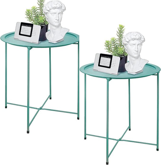 Garden 4 you End Table Set of 2, Outdoor Side Table, Small Patio Table Metal Side Table, Round Folding Side Table, for Outdoor and Living Room,Green