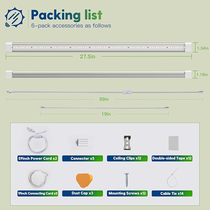 FREELICHT T8 Grow Lights for Indoor Plants, 2FT Full Spectrum, 180W(6 x 30W), 4 Installation Methods, 5000K Linkable LED Grow Light Strips for Plant Shelf Greenhouse Succulent Seeding, 6 Pack