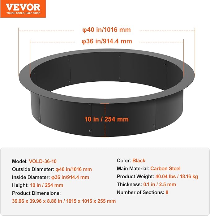 VEVOR Fire Pit Ring, 40-Inch Outer/36-Inch Inner Diameter, 10inch Height 2.5mm Thick Fire Pit Insert, Heavy Duty Carbon Steel Liner DIY Campfire Ring Above or In-Ground, for Outdoor Camping, Bonfires